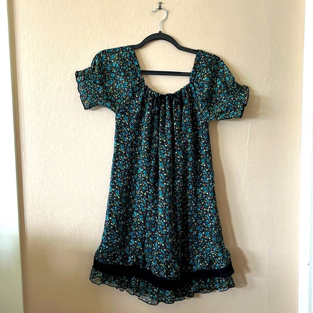 Mei Li Lin Blue Black Floral Mini Ruffle Dress XS/S P